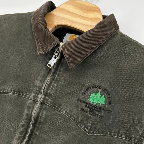 Vintage 90s Men's 2XL Tall Carhartt Santa Fe Green Detroit Canvas Jacket J14 MOS - Picture 2 of 10